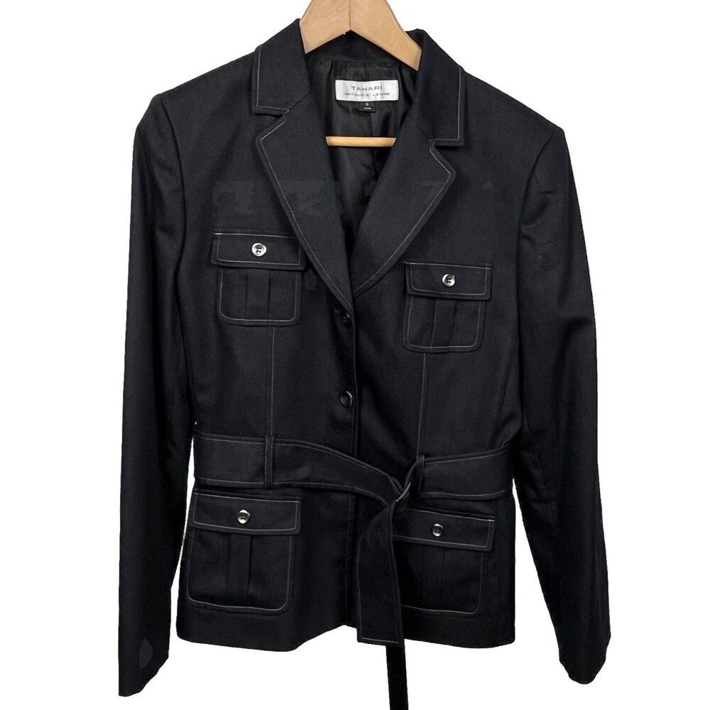 Tahari Arthur S. Levine Dark Gray Preppy Blazer 12 Tailored Belted Jacket Career